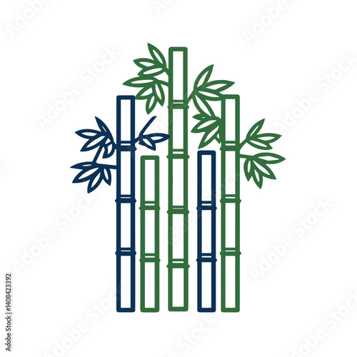 Bamboo Forest Line Art Illustration in Green and Blue Colors  