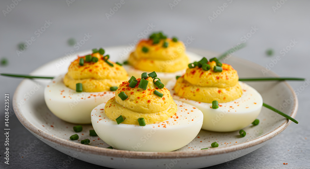 Classic Deviled Eggs Garnished With Fresh Chives And Paprika On White Plate Classic Deviled Eggs Garnished With Fresh Chives And Paprika On White Plate