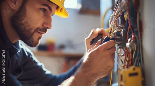 Electrician fixing electrical wiring at a construction site. Featuring expertise and precision