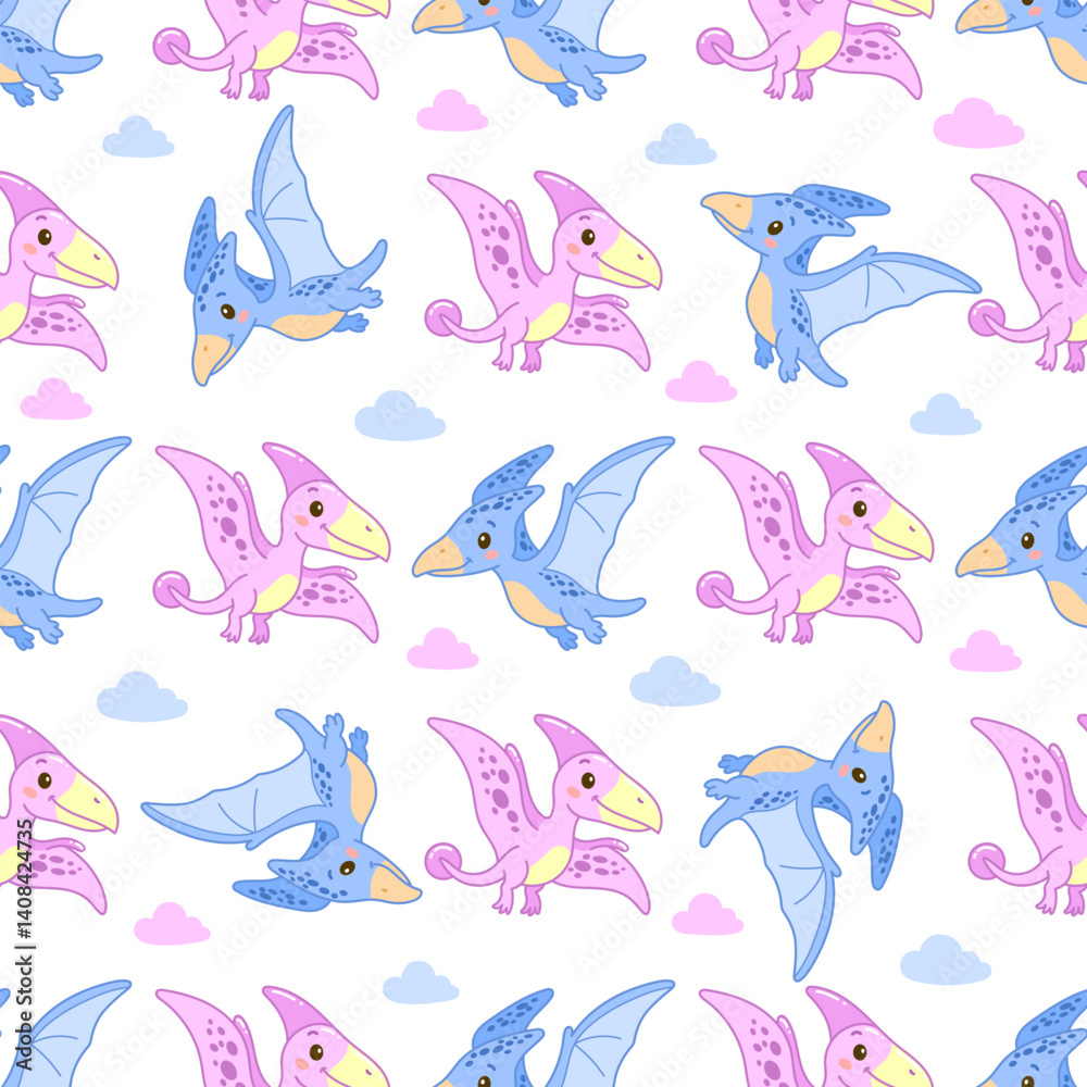 Seamless flying dinosaur pattern with pink and blue pterodactyls and clouds on white background Seamless flying dinosaur pattern with pink and blue pterodactyls and clouds on white background