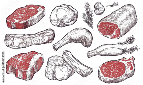 Engraved Meat Cuts Illustration for Butcher Shop Menus and Restaurant Branding