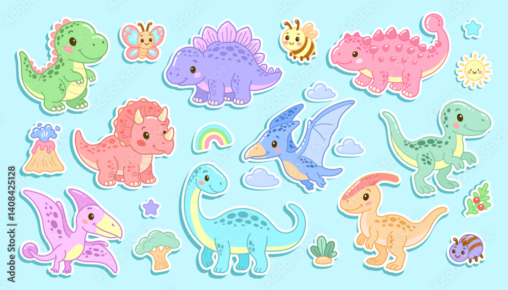 Obraz premium Colorful dinosaur sticker set with cute creatures, volcanoes, and clouds on blue background