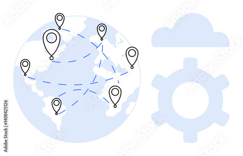 Globe with location pins and dashed lines illustrating global connections, alongside cloud and gear symbol. Ideal for logistics, cloud computing, networking, globalization, technology, teamwork