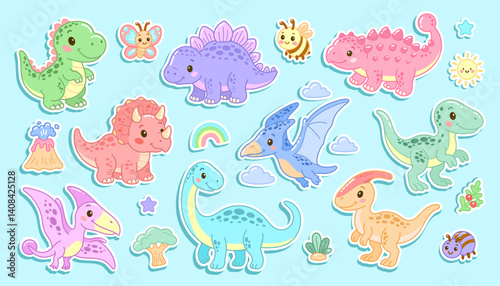 Colorful dinosaur sticker set with cute creatures, volcanoes, and clouds on blue background
