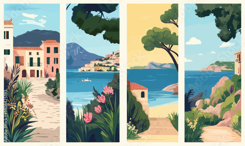 Majorca Coastal Landscapes and Architecture Travel Poster Set in Minimalist Vector Style