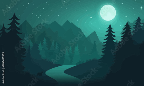 Mystical Moonlit Forest Adventure with Winding Path and Wildlife