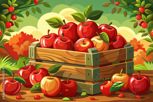 vector of Fresh red apples arranged in a wooden box, with some apples on top of each other and the edges of the box, in a rustic, natural setting, arrangement, autumn