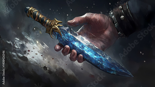 Nightmare realm cold cobalt dirk with fear-absorbing grip. Mystic Alloy. Illustration