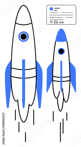 Two rockets ascending, one smaller than the other, with a social media analytics card showing thumbs ups and follows. Ideal for innovation, growth, technology, entrepreneurship, marketing, data