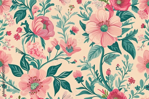 Wallpaper Mural Creamy Pink Heritage Floral Patterns with Lush Greenery on Soft Pastel Backgrounds Torontodigital.ca