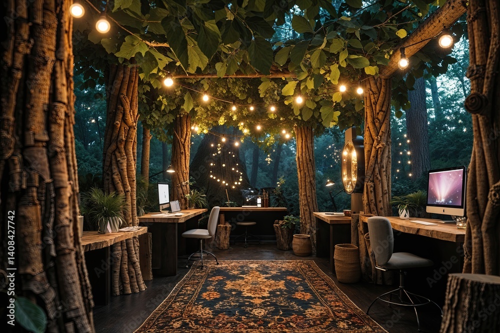 Obraz premium Enchanted Workspace Amidst a Mystical Woodland with Bark Pillars, Leafy Overheads, and Twinkling Lights