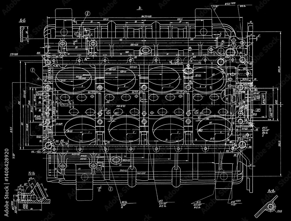Cylinder block of engine of cargo vehicle. Engineering mechanical drawing of automotive device. Industrial cad scheme on paper sheet. Technology design of machine building industry. Machined template. Cylinder block of engine of cargo vehicle. Engineering mechanical drawing of automotive device. Industrial cad scheme on paper sheet. Technology design of machine building industry. Machined template.