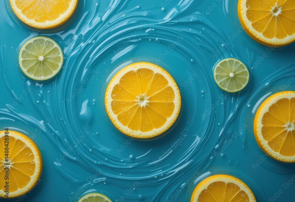 Citrus slices floating in liquid swirl on blue background, vibrant and fresh concept.