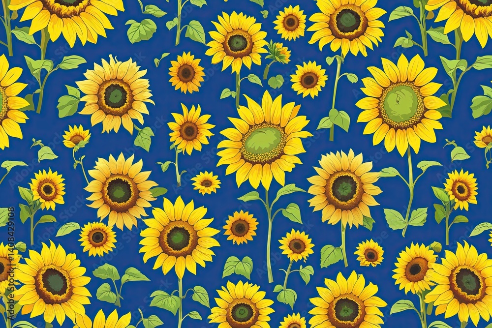 Bright Yellow Sunflowers Seamless Pattern on Sky Blue Background Bright Yellow Sunflowers Seamless Pattern on Sky Blue Background
