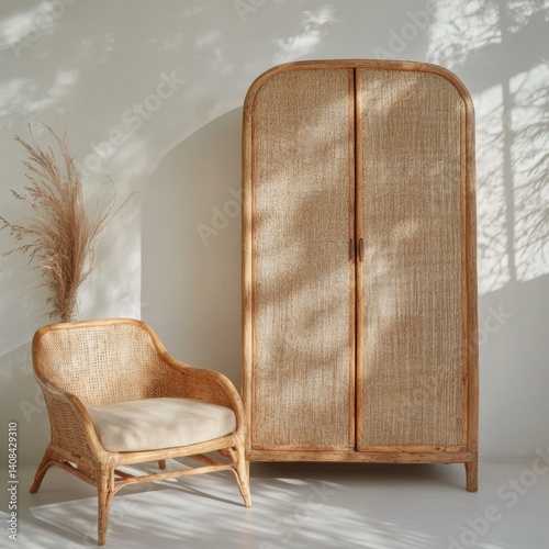 Elegant rattan furniture in minimalist room with natural light and shadow