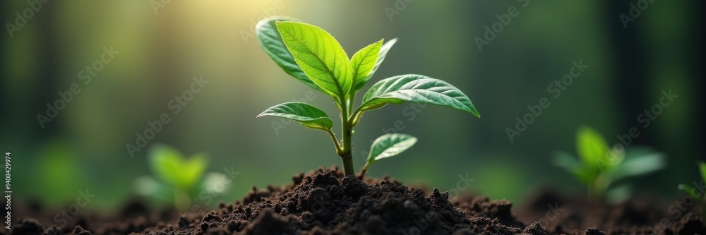 A vibrant green seedling emerges from rich soil, symbolizing growth and renewal in a sunlit forest setting. A vibrant green seedling emerges from rich soil, symbolizing growth and renewal in a sunlit forest setting.