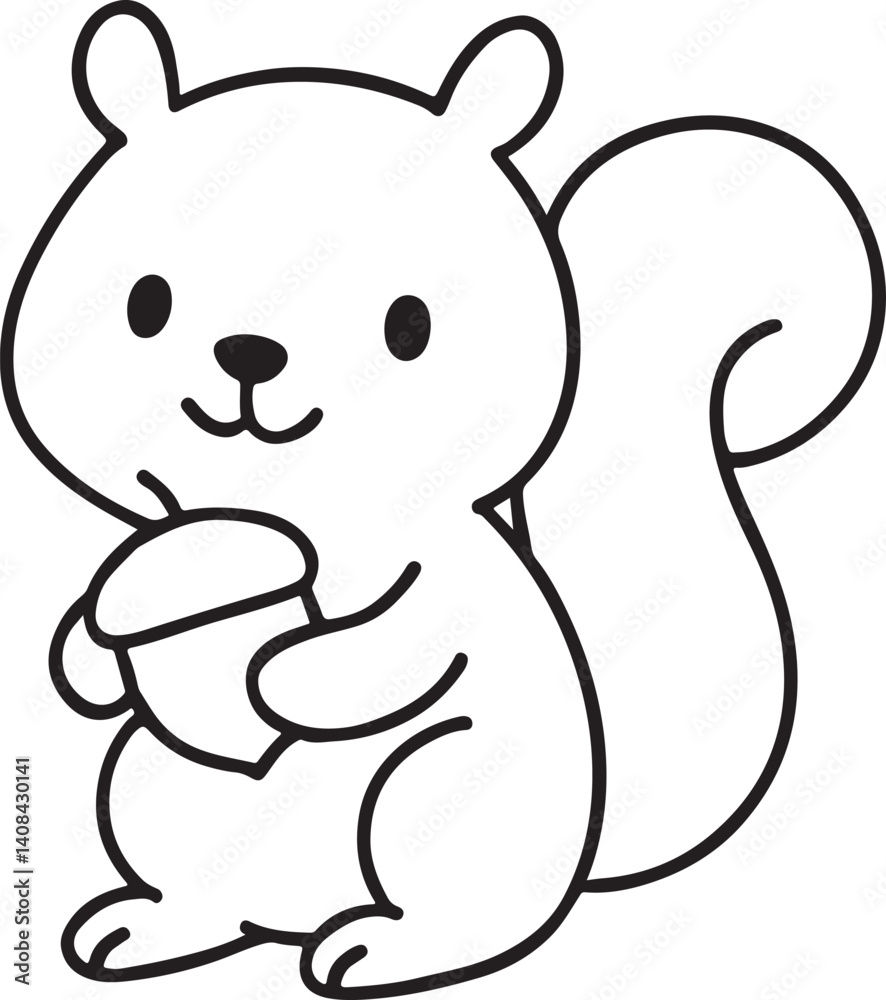 Fototapeta premium Adorable Squirrel Holding Acorn – Black and White Cartoon Line Art for Coloring Pages