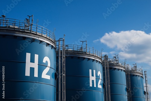 Large blue hydrogen storage tanks at outdoor industrial site under clear sky for clean renewable fuel energy, Generative AI