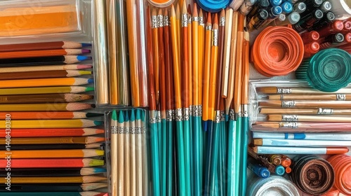 Colorful assortment of art supplies, including pencils, pens, and art tools, organized in a box.