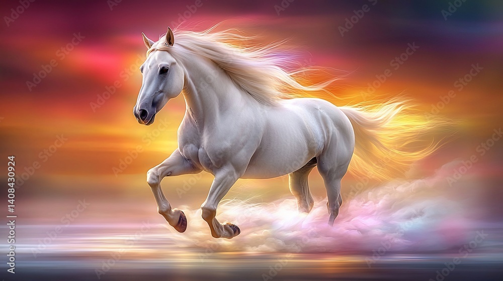 Fototapeta premium Majestic white horse galloping through a vibrant sunset sky
