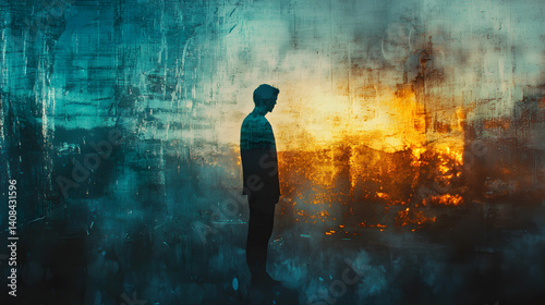 Contemplative Silhouette in a Chaotic World: A solitary figure stands in silhouette against a backdrop of a contrasting fiery inferno, immersed in contemplation.