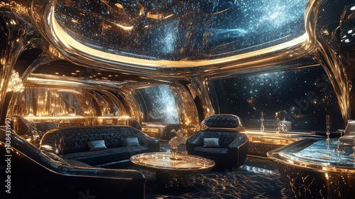 Fototapeta Naklejka Na Ścianę i Meble -  A luxurious, golden spaceship lounge with a view of the cosmos.