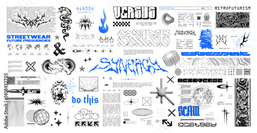 Futuristic graphic collage featuring glitch art, abstract symbols, and cyber motifs with blue and black typography in a digital aesthetic. Streetwear elements for t-shirt, merch, typography. Vector