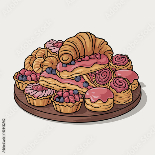 Assorted Pastry Platter with Croissants, Tarts, and Eclairs