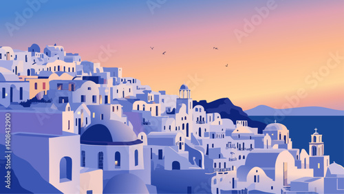 Santorini skyline at dusk overlooking the Aegean Sea as a vector illustration