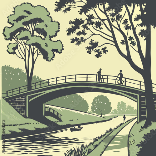 A vintage-style illustration of a picturesque European bridge spanning a tranquil river.Generative ai.