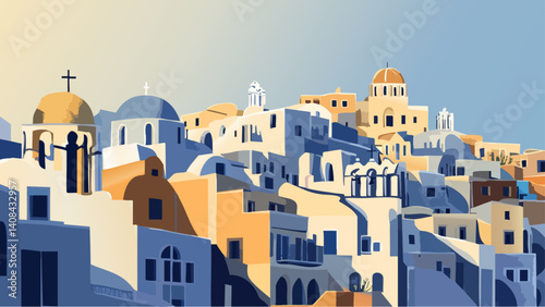 Santorini skyline at dusk with sunset colors over the island as a vector illustration