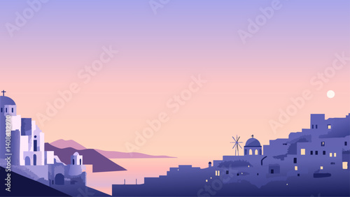 Santorini skyline at dusk with the horizon glowing as a vector illustration