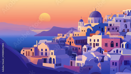 Santorini skyline at dusk with traditional architecture and clear skies as a vector illustration