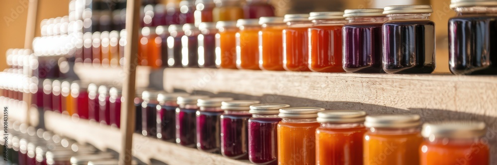 Colorful jars of homemade preserves and jams displayed on wooden shelves