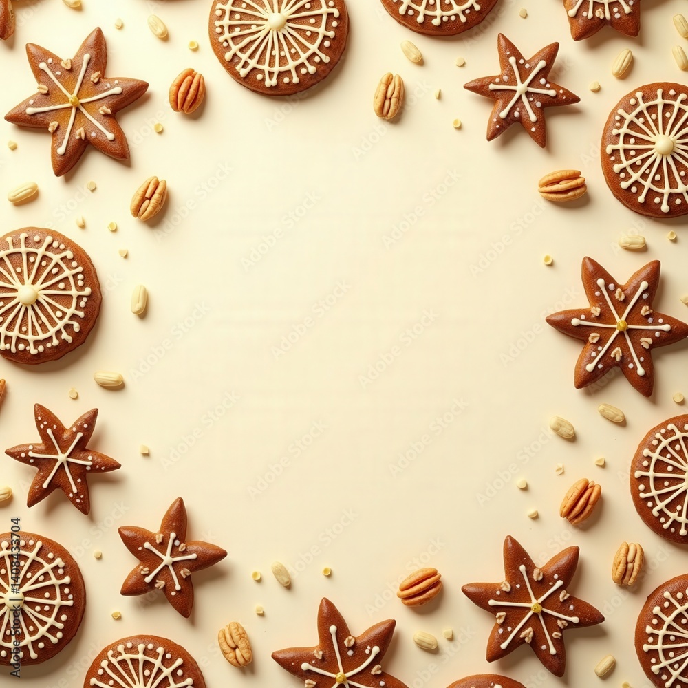 Festive gingerbread cookies with intricate icing designs arranged in a border on a beige background with copy-space