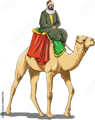 Arab man riding a camel and walking with it wearing green clothes