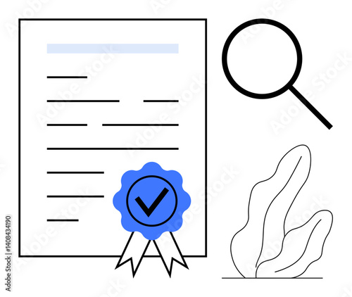 Document with official blue seal and checkmark, magnifying glass, and minimalist plant design. Ideal for certification, verification, research, approval, compliance, auditing simple landing page