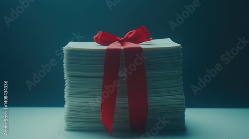 Stack of Papers Tied with a Red Ribbon Organized Documentation Office Supplies Gift Presenta