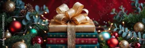 Obraz na płótnie Stack of festive gift boxes with golden ribbon surrounded by Christmas ornaments and evergreen branches w salonie