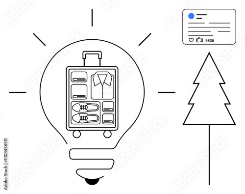 Lightbulb with suitcase representing travel and organization, tree symbolizing eco-travel, and social media post for online engagement. Ideal for travel, creativity, eco-tourism, minimalism, content