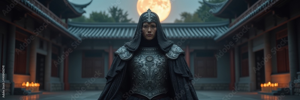 Naklejka premium A mysterious figure clad in ornate armor stands in a traditional courtyard, illuminated by the glowing full moon, creating an atmosphere of intrigue and valor.