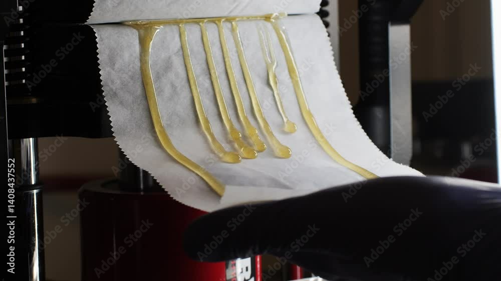 Freshly pressed medical cannabis, hash, live rosin, close-up. Concentrate or cannabis oil obtained by heat-pressing fresh marijuana auto-flowering plants. Production of CBD isolate