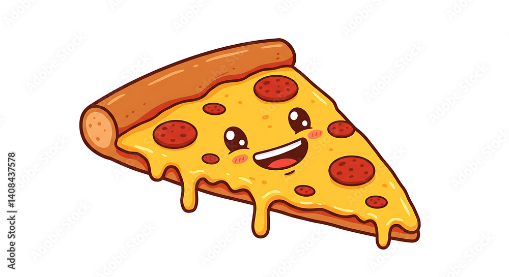A cartoon pizza slice with a smiling face, melting cheese, and pepperoni, drawn in a fun and cheerful style A cartoon pizza slice with a smiling face, melting cheese, and pepperoni, drawn in a fun and cheerful style