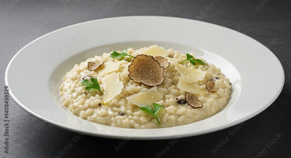 Risotto with truffle shavings and cheese on a white plate against dark background. Risotto with truffle shavings and cheese on a white plate against dark background.