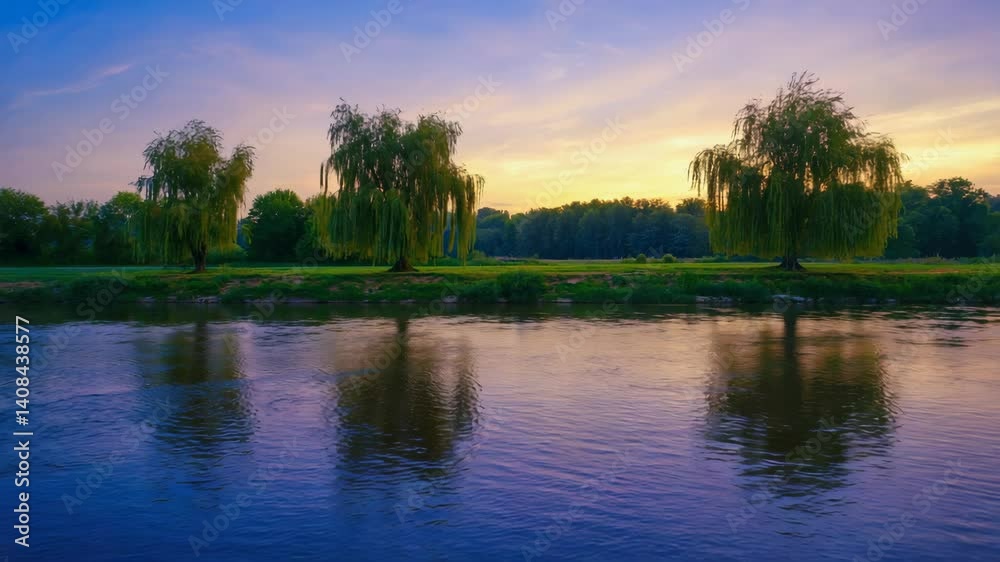 Scenic tranquil river landscape featuring weeping willows and colorful sunset sky reflecting in water. Scenic tranquil river landscape featuring weeping willows and colorful sunset sky reflecting in water.
