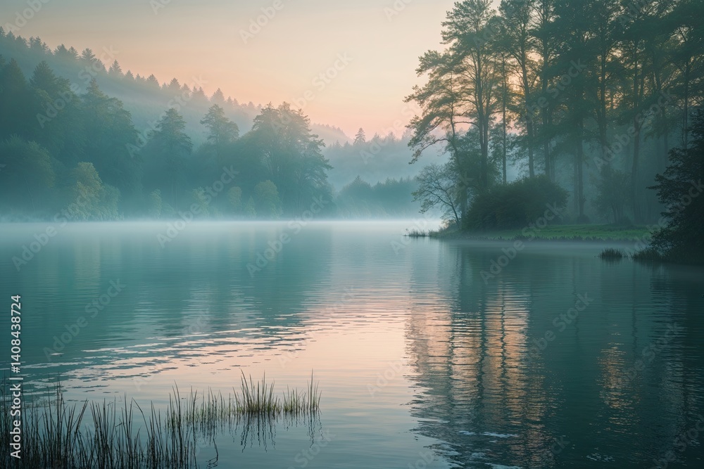 Serene Lake at Sunrise with Ethereal Mist and Gentle Natural Tones Serene Lake at Sunrise with Ethereal Mist and Gentle Natural Tones