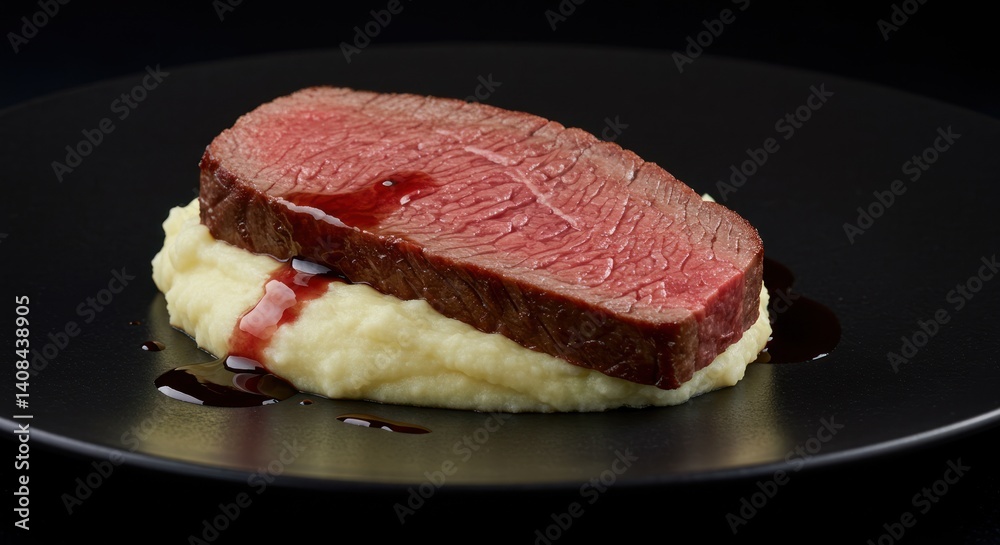 Cooked meat on mashed potatoes served on a black plate against dark background. Cooked meat on mashed potatoes served on a black plate against dark background.