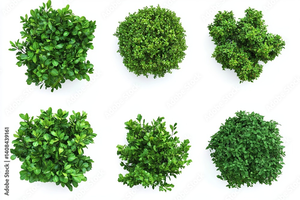 Aerial view of six green shrub plants arranged on a white background in a grid formation style Aerial view of six green shrub plants arranged on a white background in a grid formation style