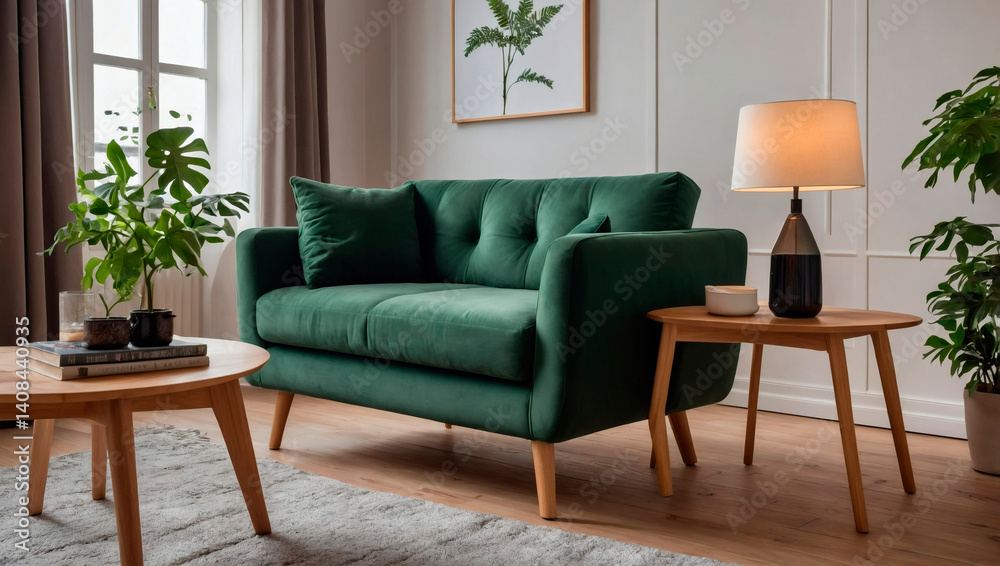 Fototapeta premium Cozy living room with green sofa, natural light, and decorative plants Generative AI