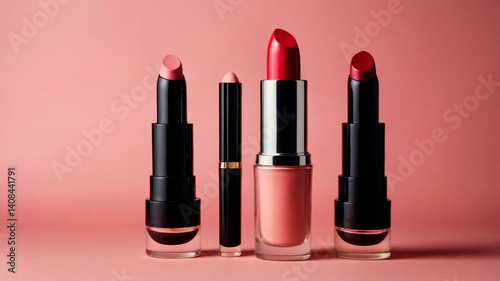 Various lipsticks displayed on a blush pink background for beauty enthusiasts Generative AI